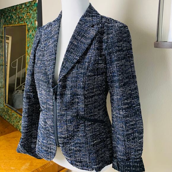 Cabi Size 4 Women's Tweed Blazer Jacket Black White Blue Zip Front Career Preppy - Picture 3 of 11